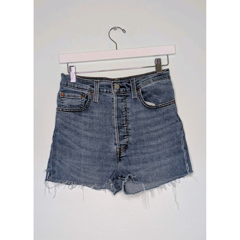Levi’s Ribcage Straight Denim Shorts Size 27 High Rise  Blue Frayed Hem Distress